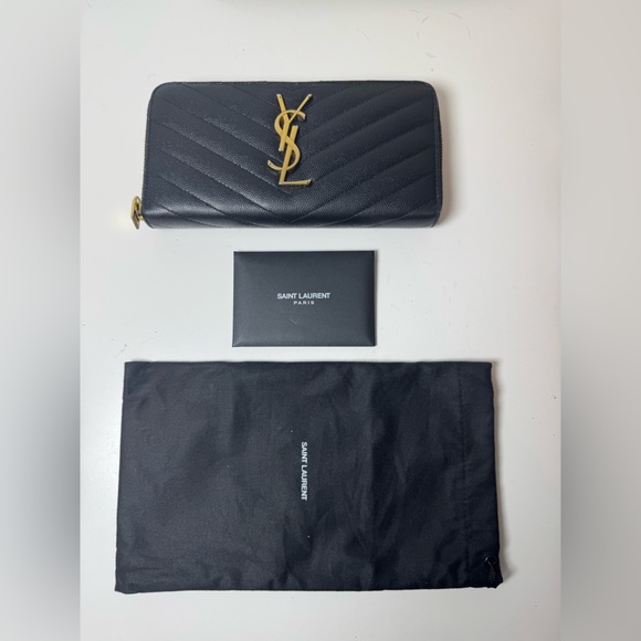 YSL Yves Saint Laurent Monogram Matelasse Leather Black Zip Long Wallet COA - Picture 10 of 12